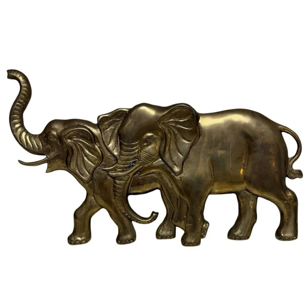 Vintage Enesco Brass Elephant Pair Wall Hanging 1984 Taiwan ROC 13